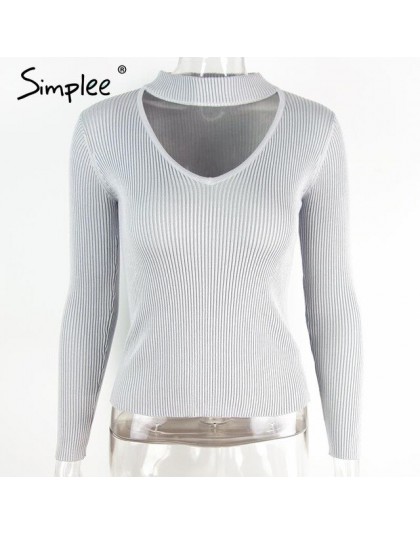 Simplee Halter sweter z dzianiny z długim rękawem kobiet topy jesień żółty v neck krótki sweter zimowy na co dzień panie jumper 