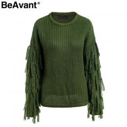 BeAvant Tassel sweter z dzianiny kobiet sweter luźne na co dzień armii zielony zima sweter kobiet O szyi 2018 jesień jumper pull