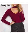 BerryGo jesień zima czarny halter sweter z dzianiny czerwony sexy sweter kobiet topy Slim v neck z długim rękawem elegancki jump