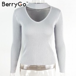 BerryGo jesień zima czarny halter sweter z dzianiny czerwony sexy sweter kobiet topy Slim v neck z długim rękawem elegancki jump