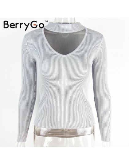 BerryGo jesień zima czarny halter sweter z dzianiny czerwony sexy sweter kobiet topy Slim v neck z długim rękawem elegancki jump