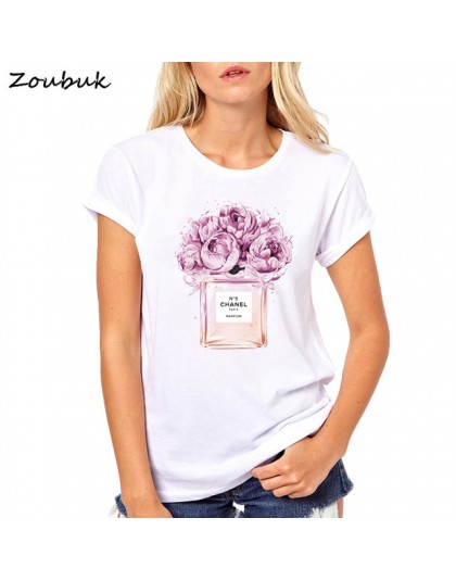 Bawełniany t-shirt z nadrukiem z krótkim rękawem z okrągłym dekoltem pod szyję z kwiatami