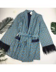 2019 New Arrival niebieski drukowane Kimono kurtka z piór rękawy szerokie nogawki luźne Cuasal spodnie kobiety w stylu Vintage o