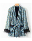 2019 New Arrival niebieski drukowane Kimono kurtka z piór rękawy szerokie nogawki luźne Cuasal spodnie kobiety w stylu Vintage o