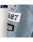 Kobiety postrzępiony Denim kurtka Bomber aplikacje drukuj gdzie jest mój umysł pani rocznika elegancki znosić jesień moda płaszc