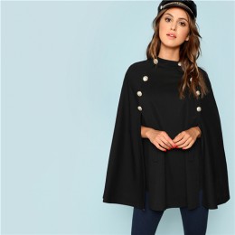 SHEIN Black Highstreet urząd Lady podwójny przycisk Mock Poncho stałe elegancki płaszcz 2018 nowa jesienna kobiety odzież robocz