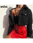 Aproms moda czarny kieszenie przyciski kurtki damskie z długim rękawem Slim Crop Top płaszcze zimowe fajne dziewczyny Streetwear