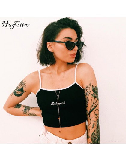 Hugcitar litery haft spaghetti paski patchwork sexy crop tops 2018 lato kobiet mody camis