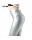 Modne elastyczne długie legginsy damskie imitacja skóry optycznie wydłużające nogi wysoki stan guma w pasie czarne srebrne