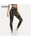 SHEIN Multicolor Mesh Insert Camo drukuj legginsy sportowe Patchwork Sheer Crop spodnie kobiet jesień Athleisure legginsy