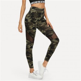 SHEIN Multicolor Mesh Insert Camo drukuj legginsy sportowe Patchwork Sheer Crop spodnie kobiet jesień Athleisure legginsy