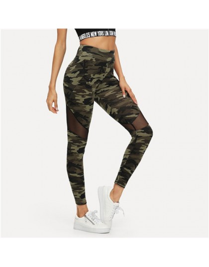 SHEIN Multicolor Mesh Insert Camo drukuj legginsy sportowe Patchwork Sheer Crop spodnie kobiet jesień Athleisure legginsy