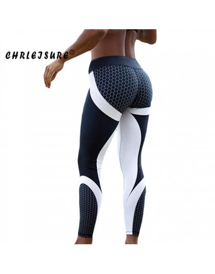 CHRLEISURE Fitness Legging geometryczny o strukturze plastra miodu druk cyfrowy legginsy wysokiej talii Hip oddychający polieste