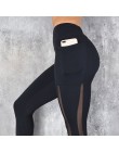 Modne elastyczne dopasowane długie legginsy damskie z siateczką wysoki stan wygodna kieszeń na udzie na siłownię fitness