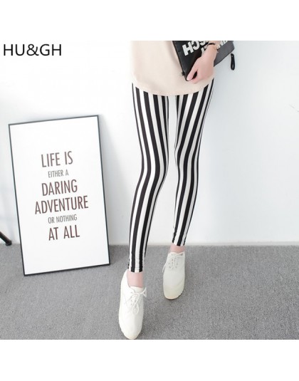Czarne i białe pionowe paski drukowane kobiety legginsy moda na co dzień elastyczność kostki długość spodnie kobiece Fitnes Legg