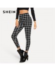 SHEIN czarny szeroki talii Plaid legginsy eleganckie biuro Lady Skinny kobiety jesień odzież robocza Highstreet minimalistyczny 