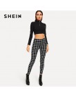 SHEIN czarny szeroki talii Plaid legginsy eleganckie biuro Lady Skinny kobiety jesień odzież robocza Highstreet minimalistyczny 