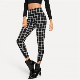 SHEIN czarny szeroki talii Plaid legginsy eleganckie biuro Lady Skinny kobiety jesień odzież robocza Highstreet minimalistyczny 