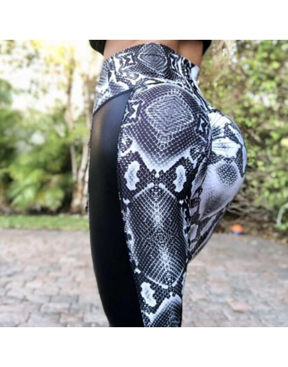 Drop Shipping kobiety biały wąż drukowane legginsy czarny PU skóra patchwork treningu Hot Hip legginsy plisowane