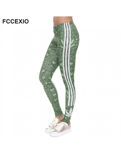 FCCEXIO 2019 moda elastyczne legginsy chwastów białe paski drukuj Fitness Legging Sexy slim legginsy wysokiej talii spodnie dams