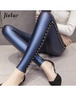 Jielur nowe zimowe polarowe matowe PU skórzane legginsy kobiety modne nity Push Up ołówek spodnie 4 kolory S-XXXL Slim Lady legg