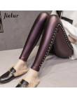 Jielur nowe zimowe polarowe matowe PU skórzane legginsy kobiety modne nity Push Up ołówek spodnie 4 kolory S-XXXL Slim Lady legg