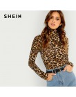 SHEIN brązowy Highstreet biuro pani wysoka Neck Leopard Print wyposażone swetry z długim rękawem Tee 2018 jesień na co dzień kob