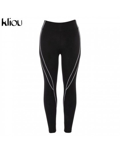 Kliou kobiety moda fitness legginsy wysokiej elastyczny pas biały w paski patchwork sportowe push up kobiet slim legginsy trenin