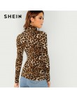 SHEIN brązowy Highstreet biuro pani wysoka Neck Leopard Print wyposażone swetry z długim rękawem Tee 2018 jesień na co dzień kob