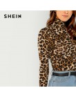 SHEIN brązowy Highstreet biuro pani wysoka Neck Leopard Print wyposażone swetry z długim rękawem Tee 2018 jesień na co dzień kob