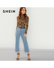 SHEIN brązowy Highstreet biuro pani wysoka Neck Leopard Print wyposażone swetry z długim rękawem Tee 2018 jesień na co dzień kob