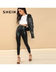 SHEIN nowoczesne Lady Crop czarny powlekany Crop poliester legginsy kobiety jesień zwykły Casual rozciągliwe spodnie Streetwear 