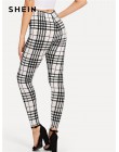 SHEIN czarny i biały urząd Lady Highstreet Plaid chude wysokiej talii na co dzień legginsy lato kobiety eleganckie spodnie leggi