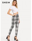 SHEIN czarny i biały urząd Lady Highstreet Plaid chude wysokiej talii na co dzień legginsy lato kobiety eleganckie spodnie leggi