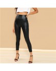 SHEIN nowoczesne Lady Crop czarny powlekany Crop poliester legginsy kobiety jesień zwykły Casual rozciągliwe spodnie Streetwear 