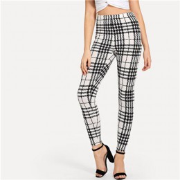 SHEIN czarny i biały urząd Lady Highstreet Plaid chude wysokiej talii na co dzień legginsy lato kobiety eleganckie spodnie leggi