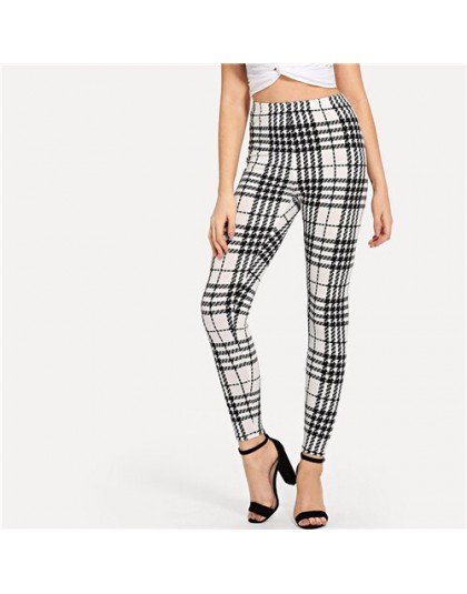 SHEIN czarny i biały urząd Lady Highstreet Plaid chude wysokiej talii na co dzień legginsy lato kobiety eleganckie spodnie leggi