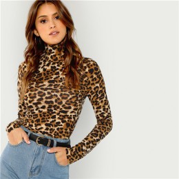 SHEIN brązowy Highstreet biuro pani wysoka Neck Leopard Print wyposażone swetry z długim rękawem Tee 2018 jesień na co dzień kob