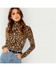 SHEIN brązowy Highstreet biuro pani wysoka Neck Leopard Print wyposażone swetry z długim rękawem Tee 2018 jesień na co dzień kob