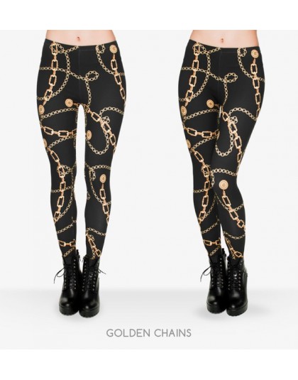 Wysoka elastyczność Legging kobiety odzież damska pełna długość złote łańcuchy drukowanie legginsy Sexy spodnie do fitnessu legg