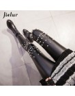 Jielur 2019 zima nowy PU Faux skórzane legginsy modne nity koronki Push up kobiet legginsy ciepłe High Street kobiety legginsy S