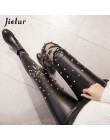 Jielur 2019 zima nowy PU Faux skórzane legginsy modne nity koronki Push up kobiet legginsy ciepłe High Street kobiety legginsy S