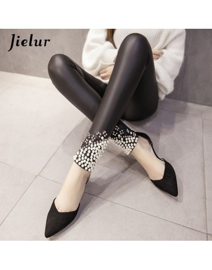 Jielur 2019 zima nowy PU Faux skórzane legginsy modne nity koronki Push up kobiet legginsy ciepłe High Street kobiety legginsy S