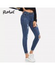 ROMWE granatowy zgrywanie Skinny Denim Jeans lato kobiety na co dzień rozporek na guziki wysoki stan w nowym stylu spodnie kobie