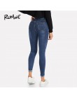 ROMWE granatowy zgrywanie Skinny Denim Jeans lato kobiety na co dzień rozporek na guziki wysoki stan w nowym stylu spodnie kobie