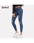 ROMWE granatowy zgrywanie Skinny Denim Jeans lato kobiety na co dzień rozporek na guziki wysoki stan w nowym stylu spodnie kobie