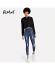 ROMWE granatowy zgrywanie Skinny Denim Jeans lato kobiety na co dzień rozporek na guziki wysoki stan w nowym stylu spodnie kobie
