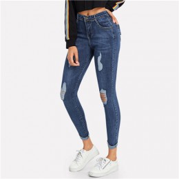 ROMWE granatowy zgrywanie Skinny Denim Jeans lato kobiety na co dzień rozporek na guziki wysoki stan w nowym stylu spodnie kobie