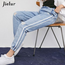 Jielur Harajuku świeże paski otwory zgrywanie dżinsy dla kobiet Preppy styl elastyczna wysoka talia Jeans Femme dżinsy Mujer 201