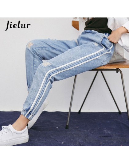 Jielur Harajuku świeże paski otwory zgrywanie dżinsy dla kobiet Preppy styl elastyczna wysoka talia Jeans Femme dżinsy Mujer 201